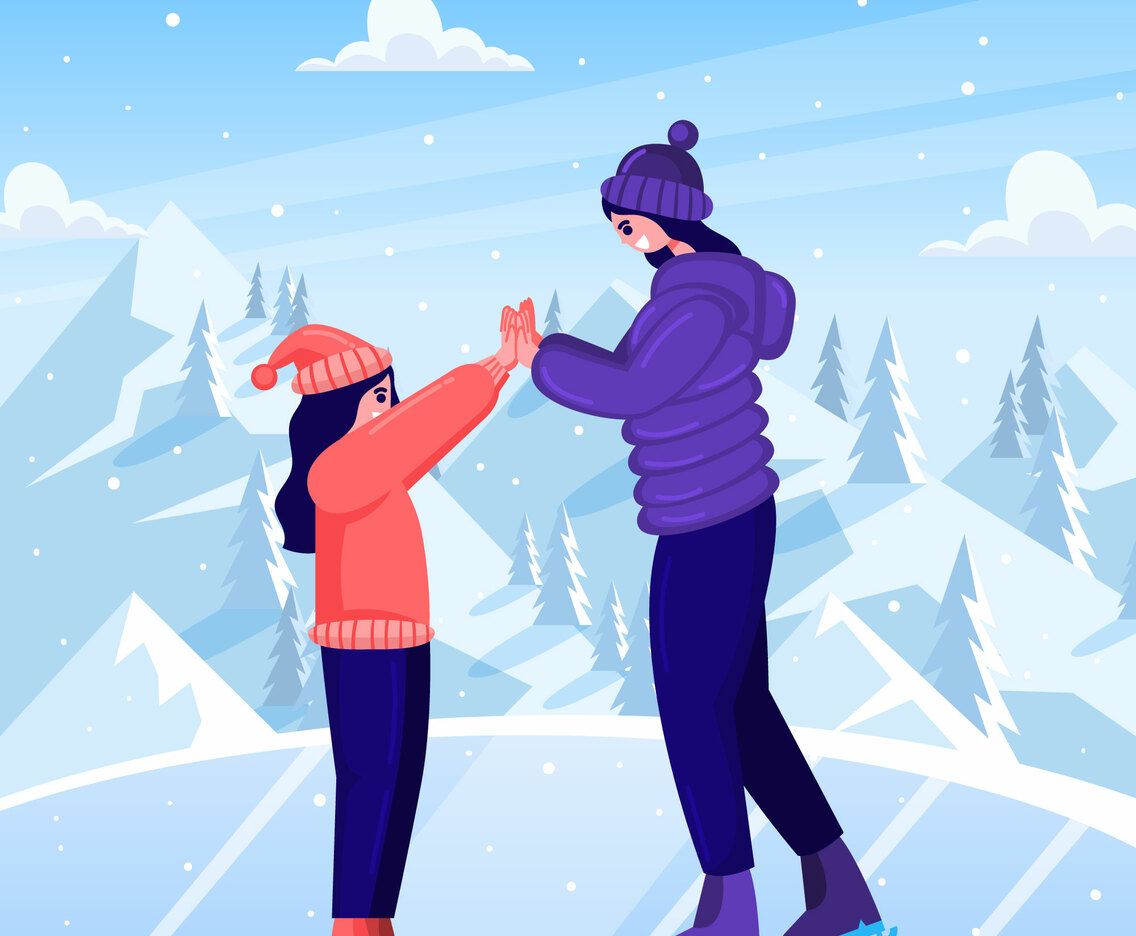 Mother and Daughter Play Ski on Winter