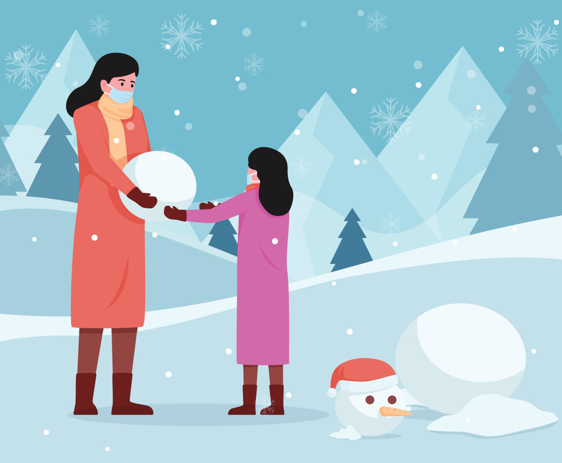 Mother and Daughter Make a Snowman