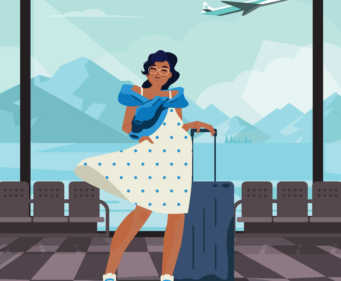 Girl Pose With Her Luggage And Dog Concept