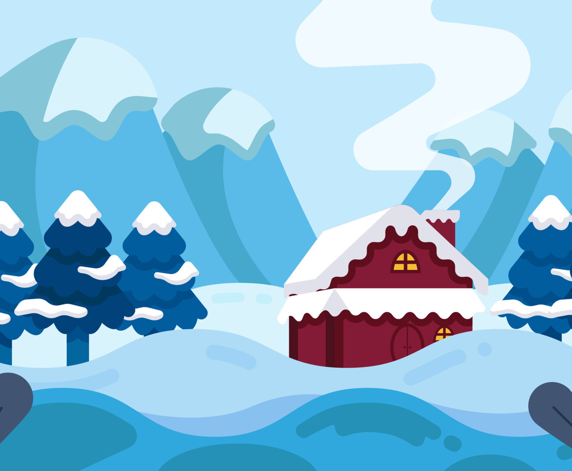 Winter Landscape with Cottage and Fir Trees Concept