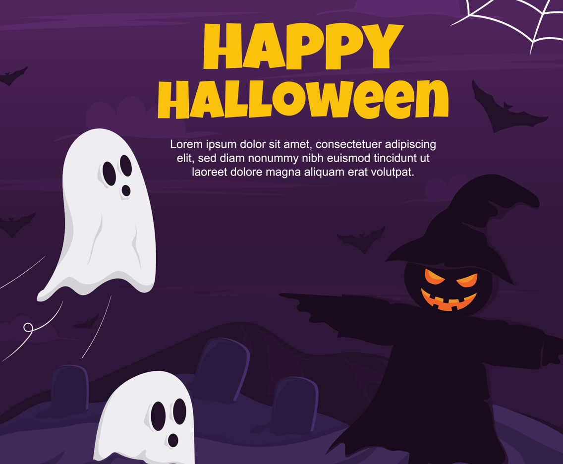 Spooky Night at Grave with Ghost and Bat