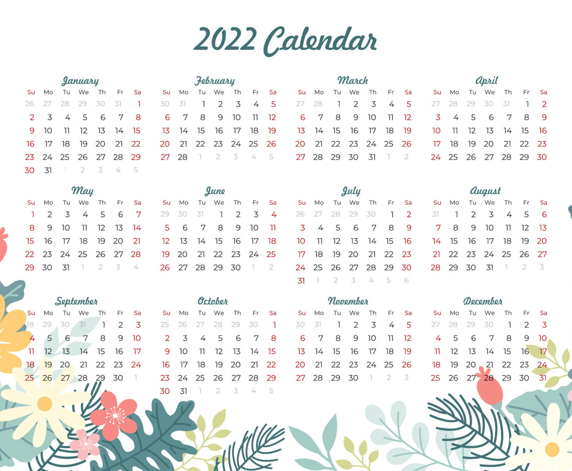 2022 Calendar Template with Beautiful Pastel Floral Arrangement