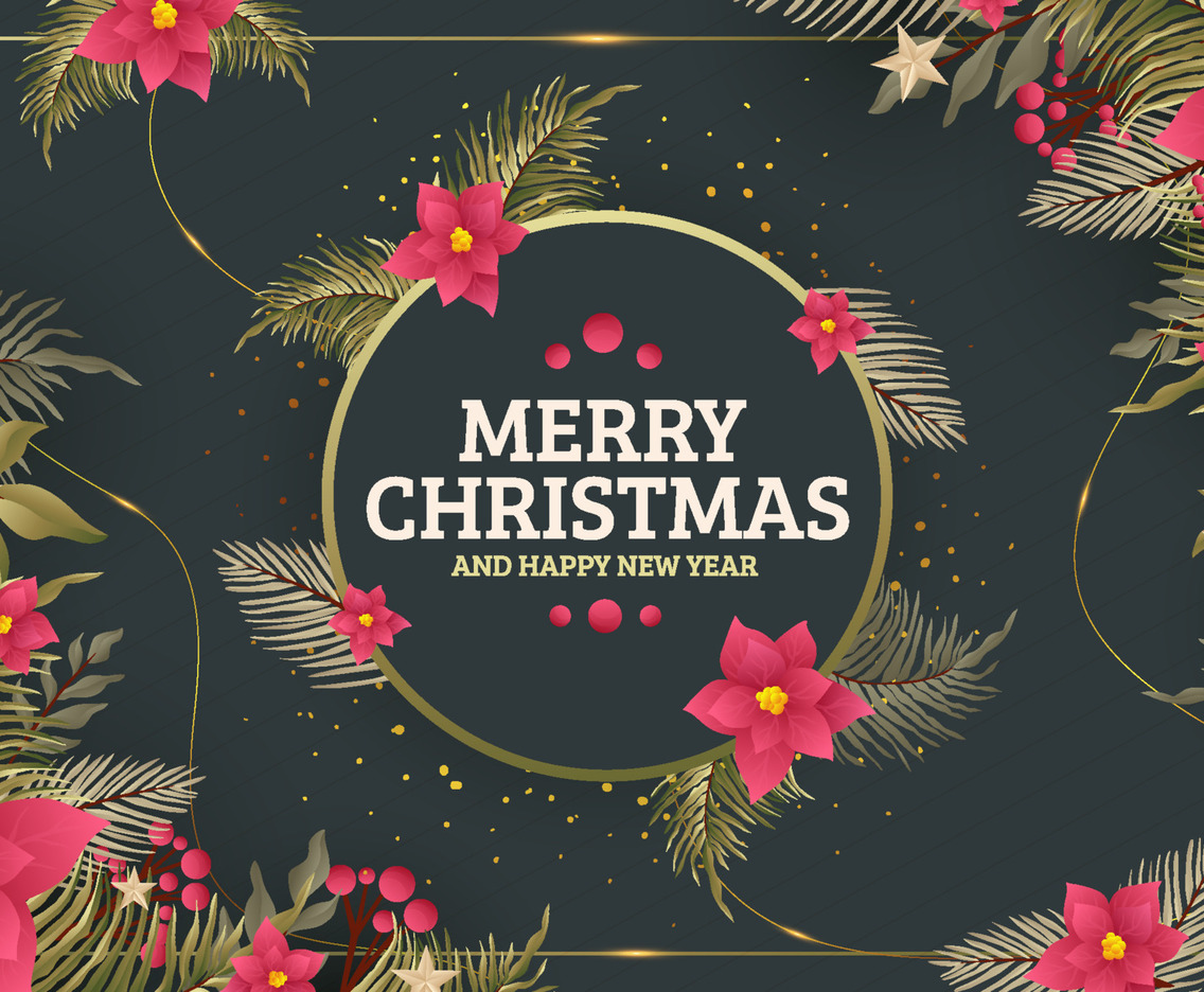 Merry Christmas Background Floral Poinsettia and Wreath