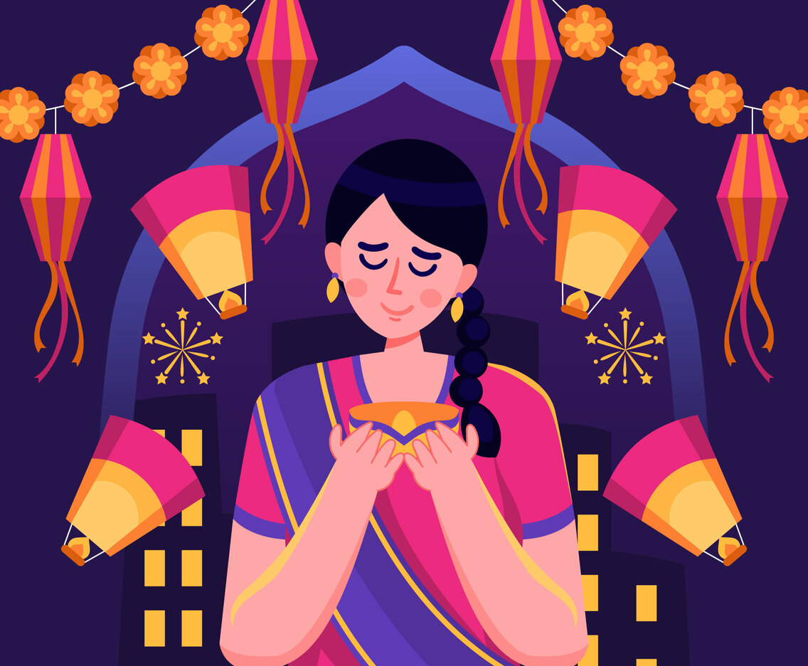 Indian girl carrying a container of candles on Diwali