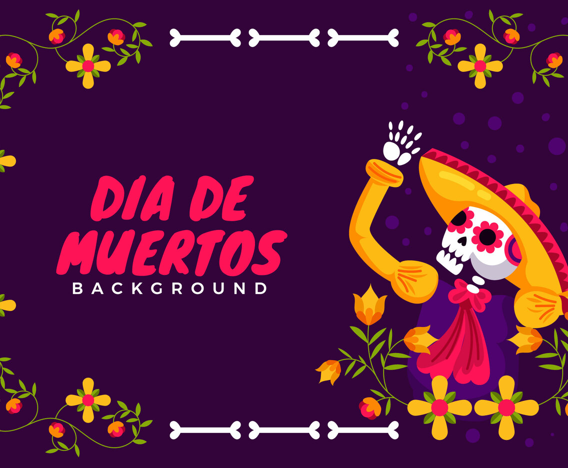 skeleton dances prancing and raises hands in Mexican dress