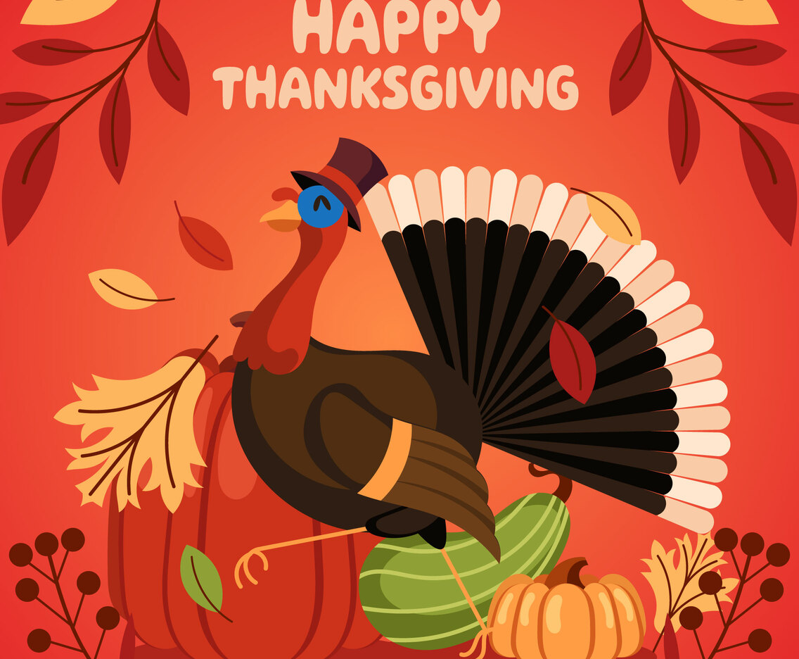 a turkey walking cheerfully among pumpkins on thanksgiving