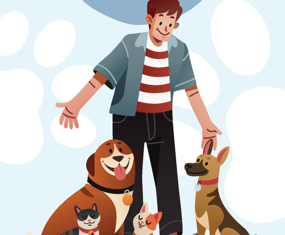 A Man And The Surrounding Pets Poster