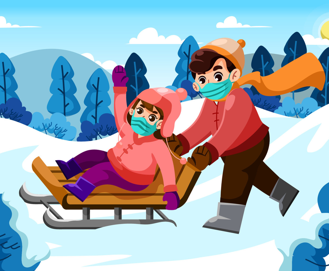 Children Playing Sledge on a Hill with Mask On