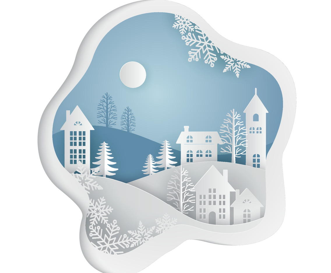 Winter City Scape on the Night in Paper Art Style