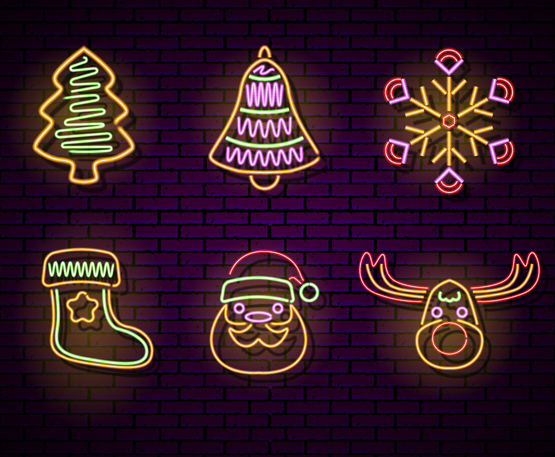 Set of Christmas Item Neon Light Effect