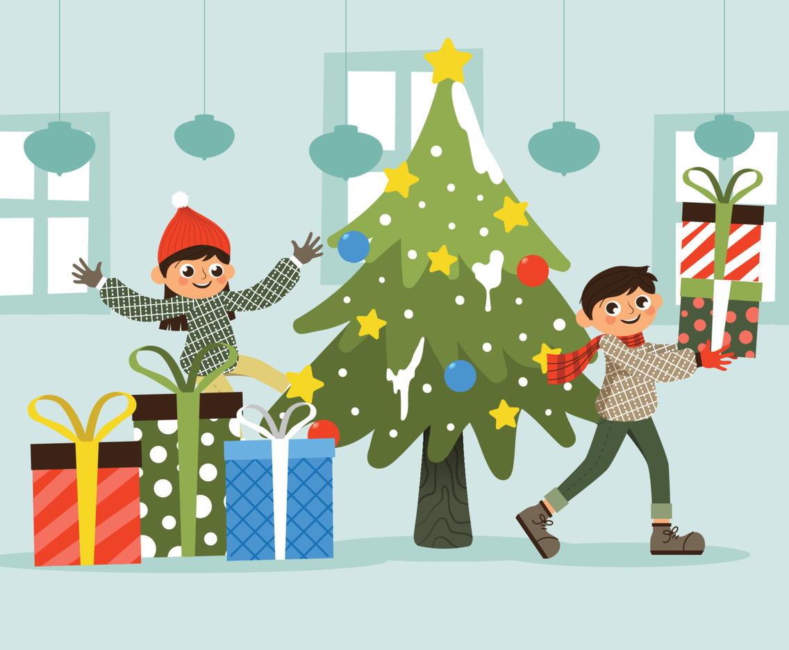 Kids Christmas Party with Gift Box and Christmas Tree