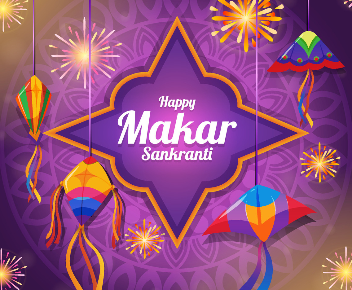 Makar Sankranti Background with Flying Kites and Fireworks