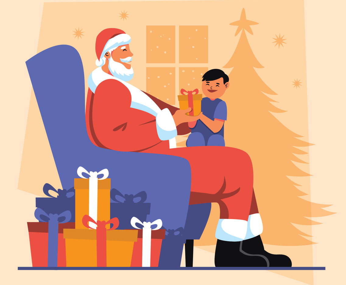 Santa Claus with a Kid and Christmas Presents