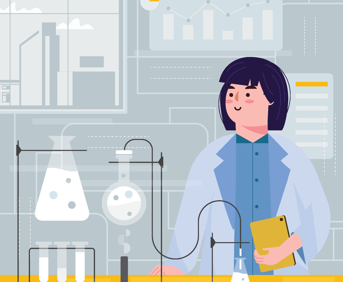 Chemist Working with Her Tablet and Beakers Concept