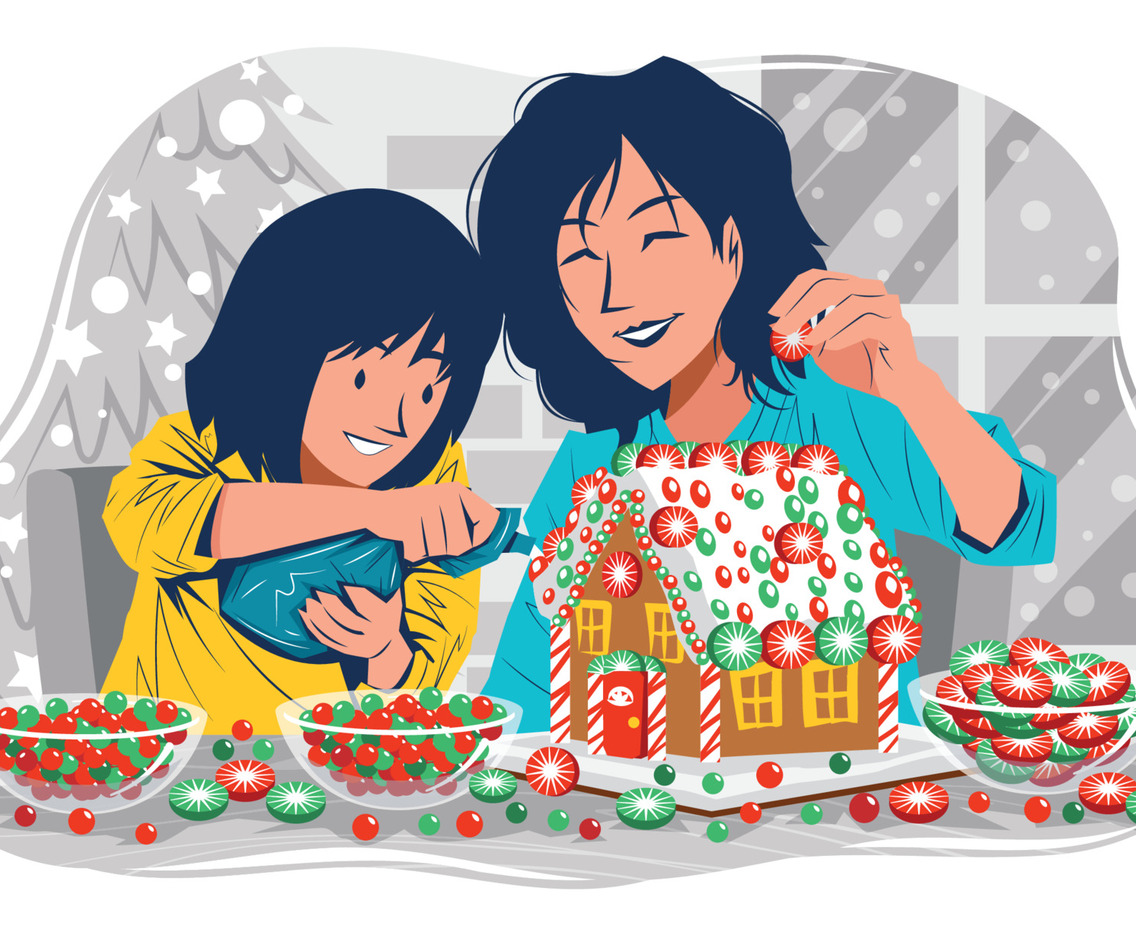 Mother and Daughter Decorating Gingerbread House Concept
