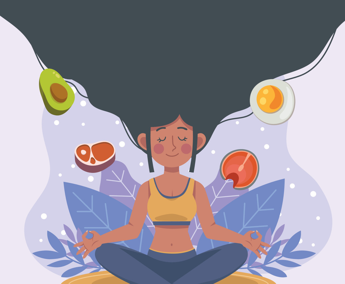 Woman Meditation And Eat Healthy Background