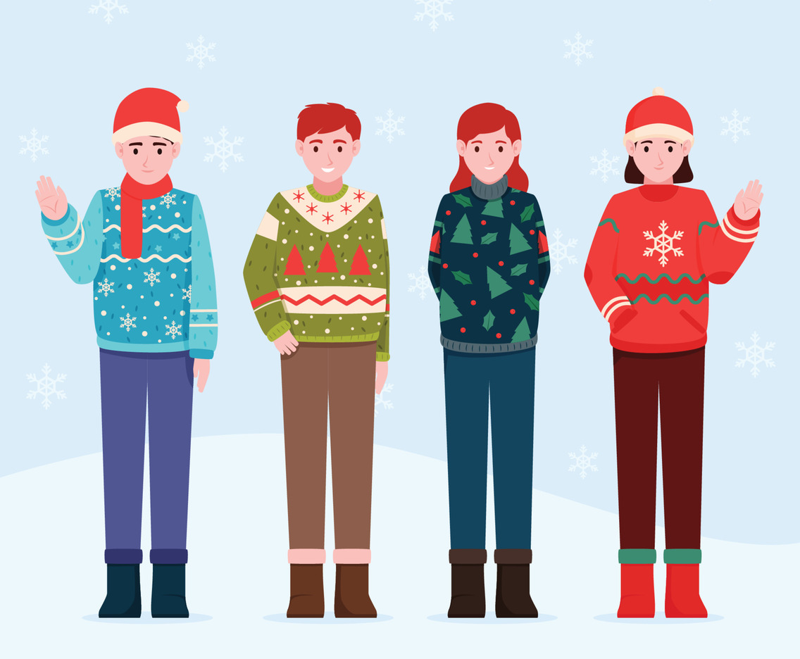 Male and Female Characters in Ugly Sweaters