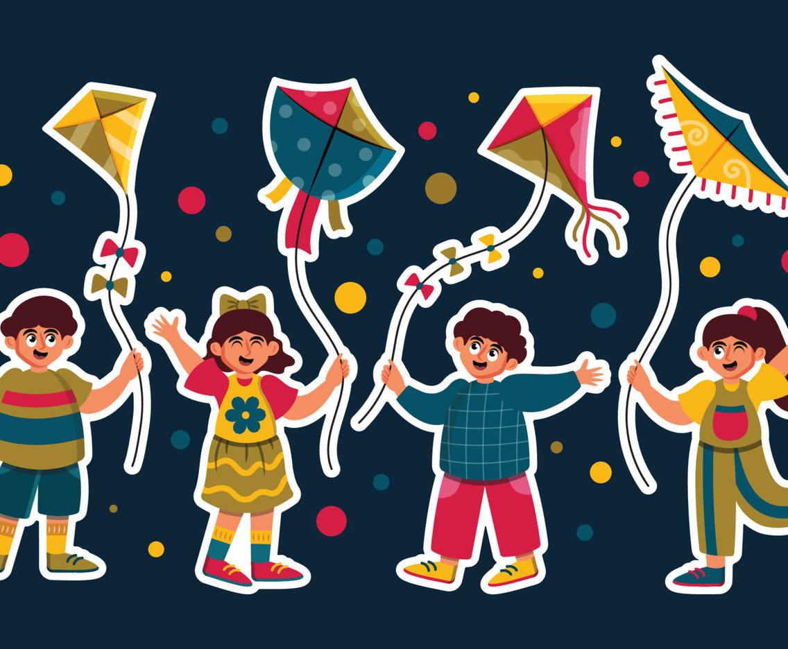 Colorful Happy Children Playing Kites Sticker Template Set
