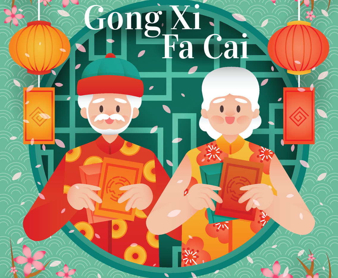 Gong Xi Fa Cai with Old Couple Background Template