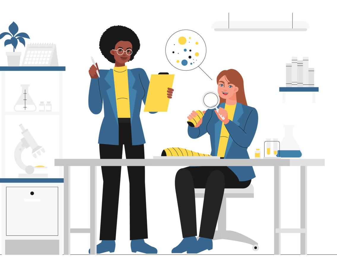 Two Female Scientist Characters Doing Experiment in a Laboratory