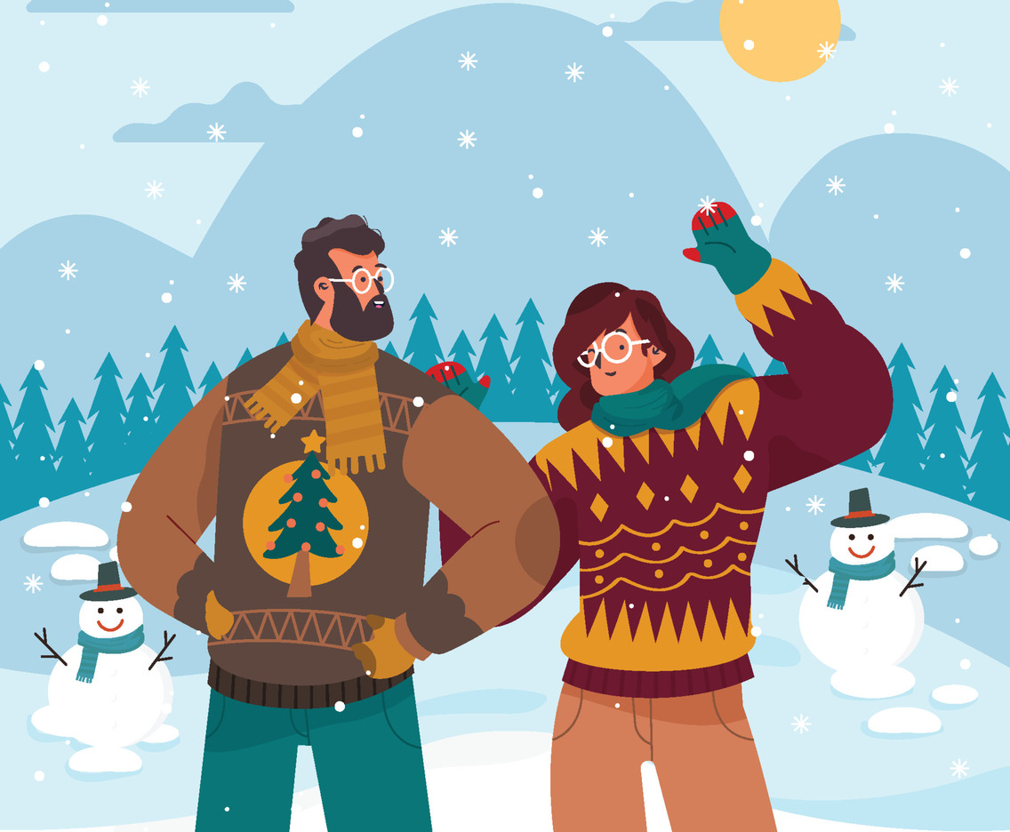 Man And Woman Wear Ugly Sweater Enjoy Christmas