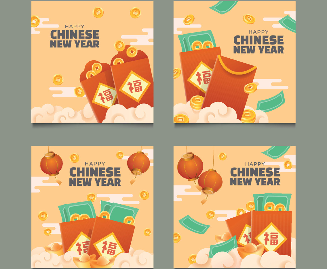 Set of Chinese New Year Social Media With Red Pocket
