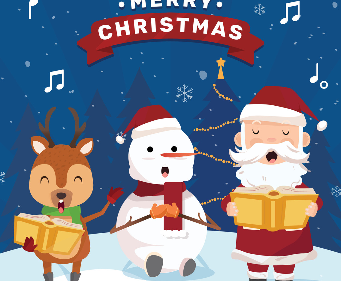 Santa and Reindeer and Snowman Carolling in Christmas