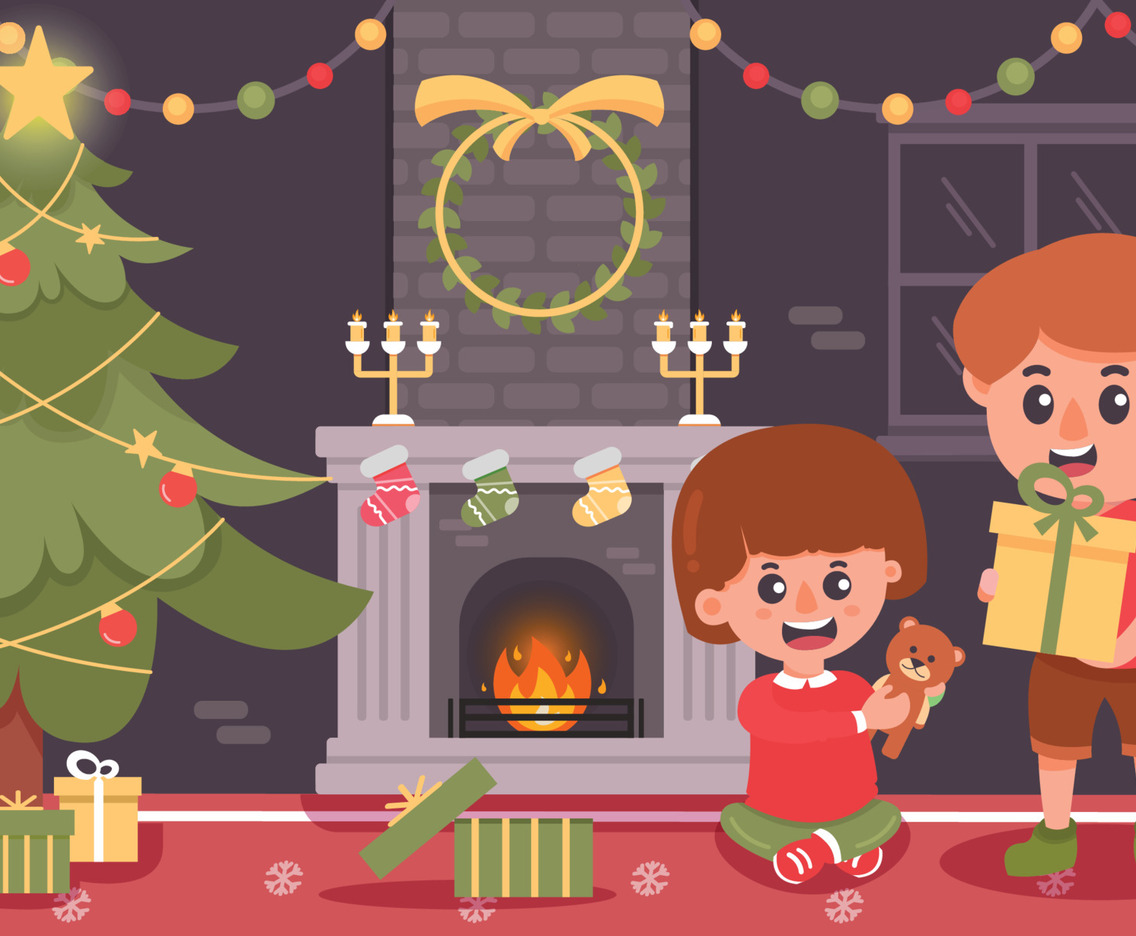 Happy Children Unpack Christmas Present