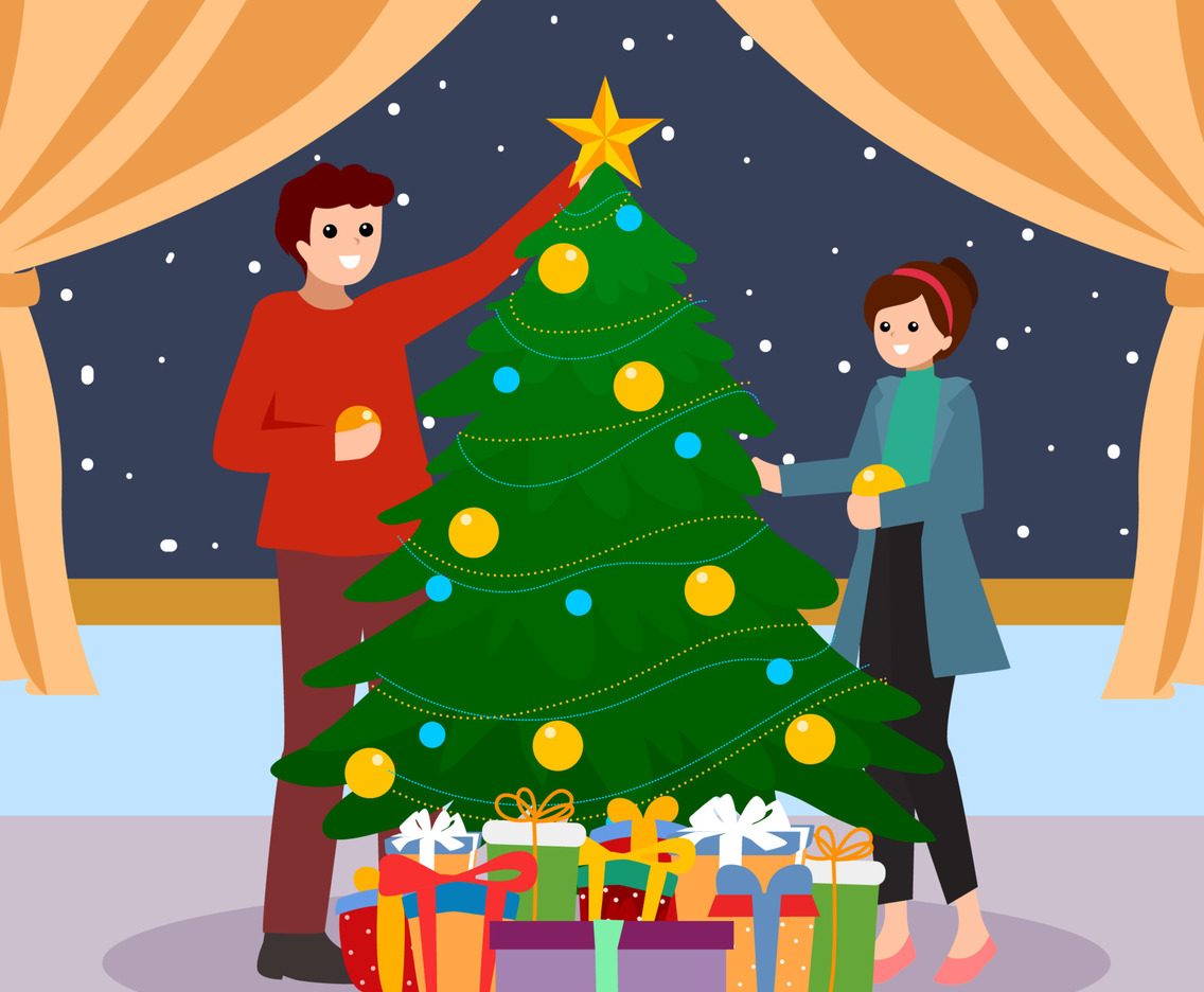 A Couple Preparing for Christmas at Home with Tree Concept