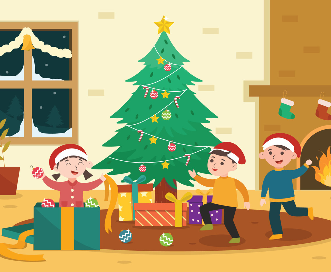 Three Children Celebrate Christmas