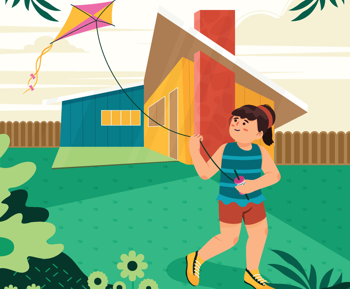 Girl Fly Her Kite Outside Her House Concept