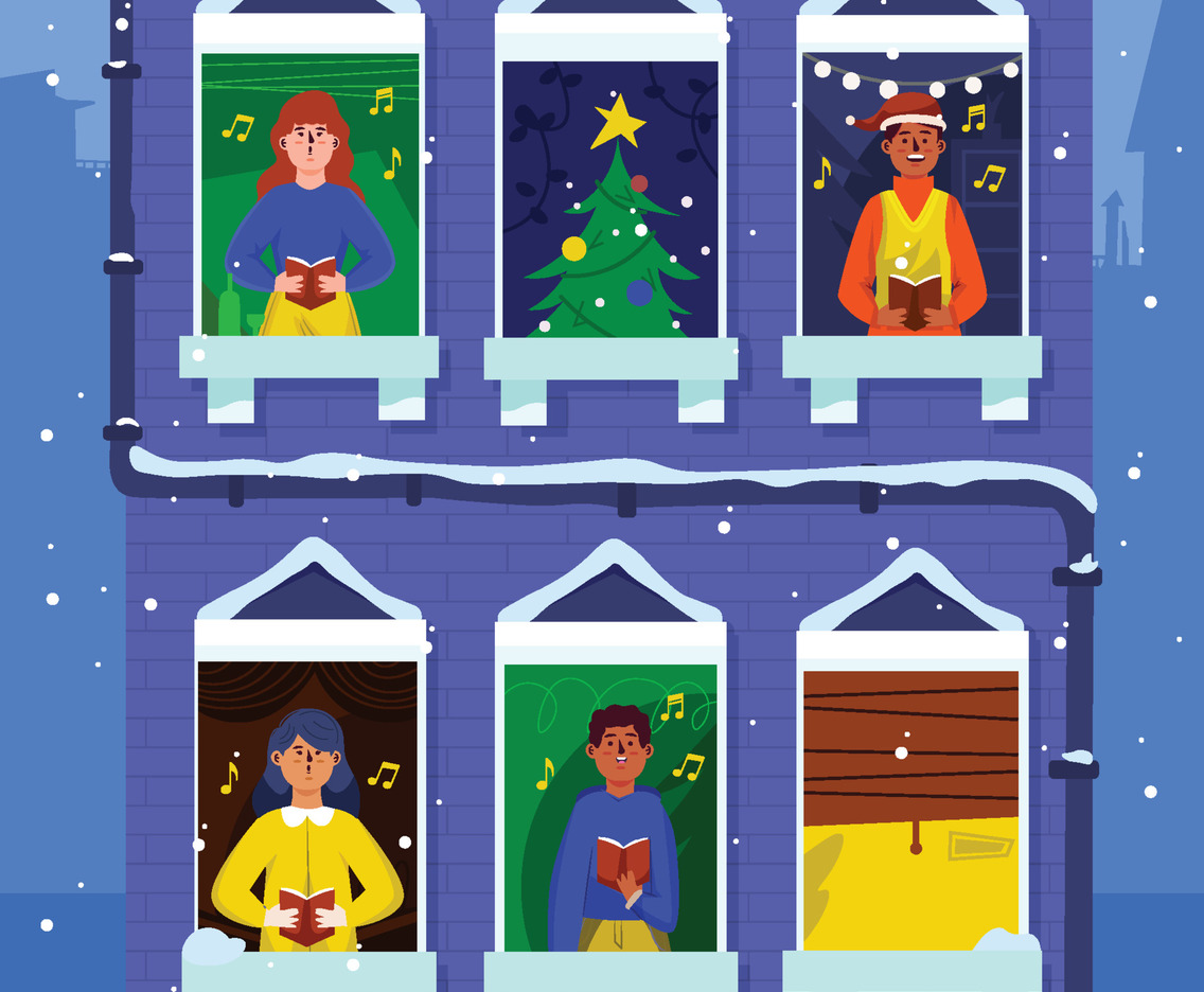 People Carolling From Their Window Apartment Concept