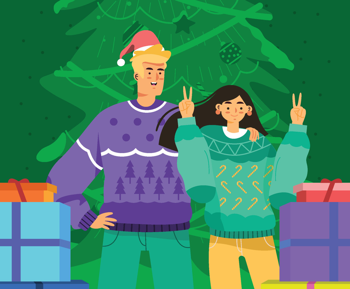 Couple Wear Christmas Ugly Sweater Concept