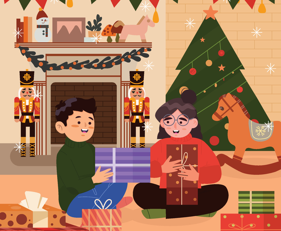 Boy And Girl Exchange Christmas Gifts At Home