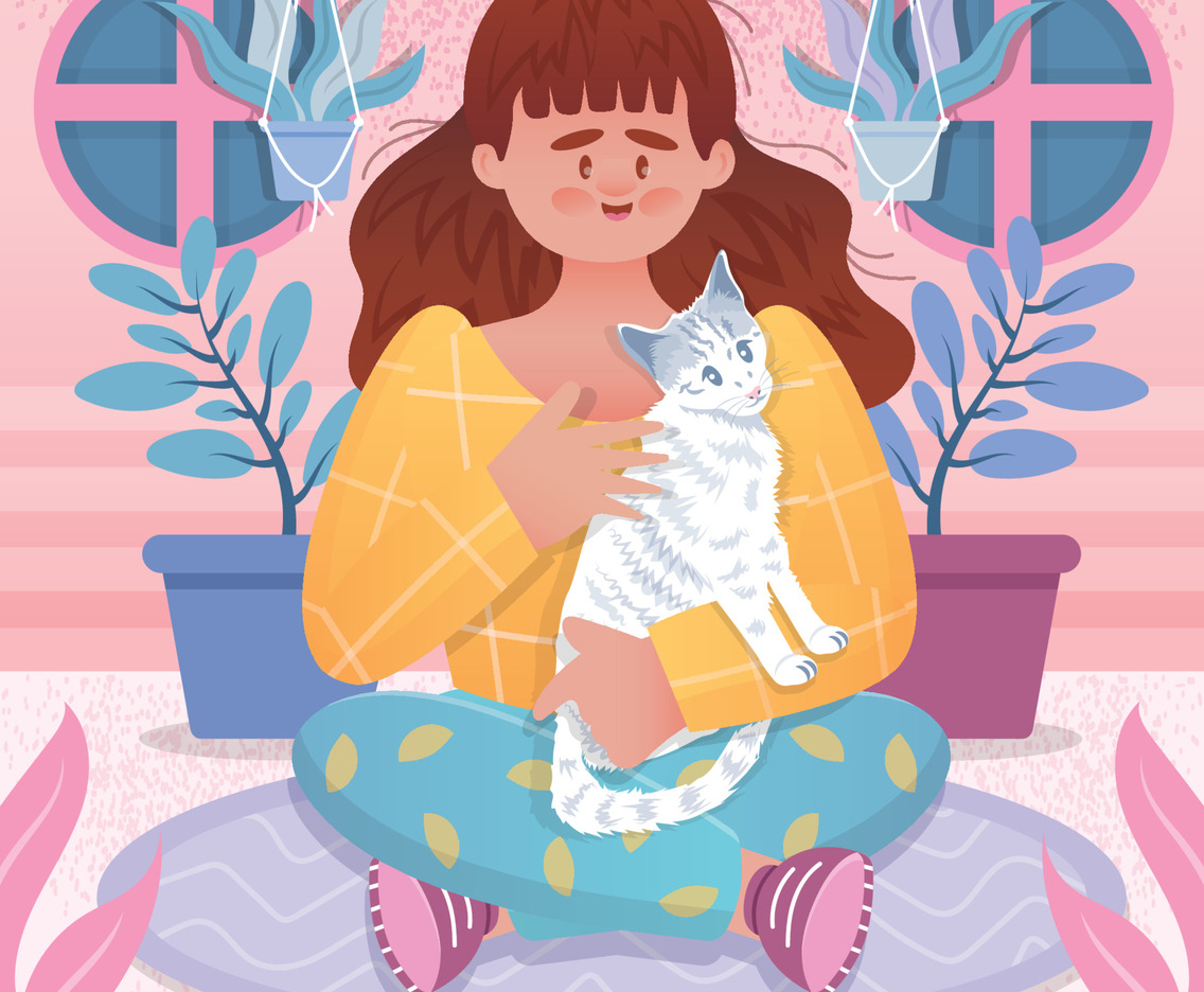 Cute Woman Hugs Cat at Home Background Template