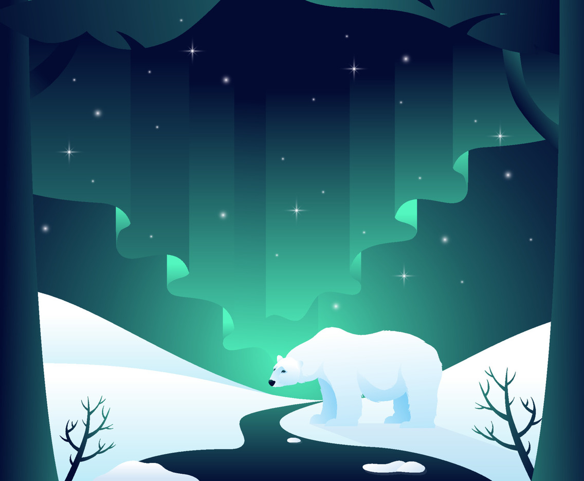 Polar Bear With Aurora Background
