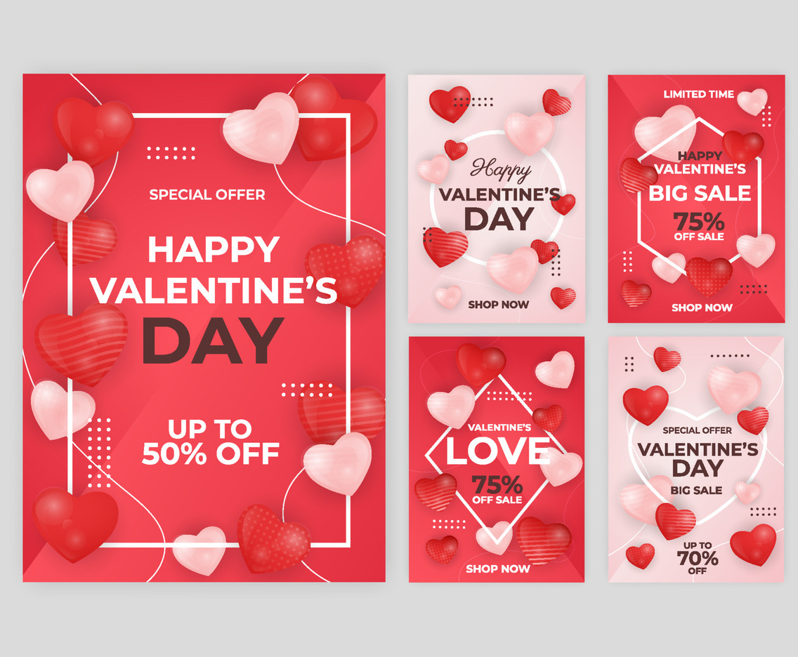 Set Collection of Card Valentine Day Realistic Love