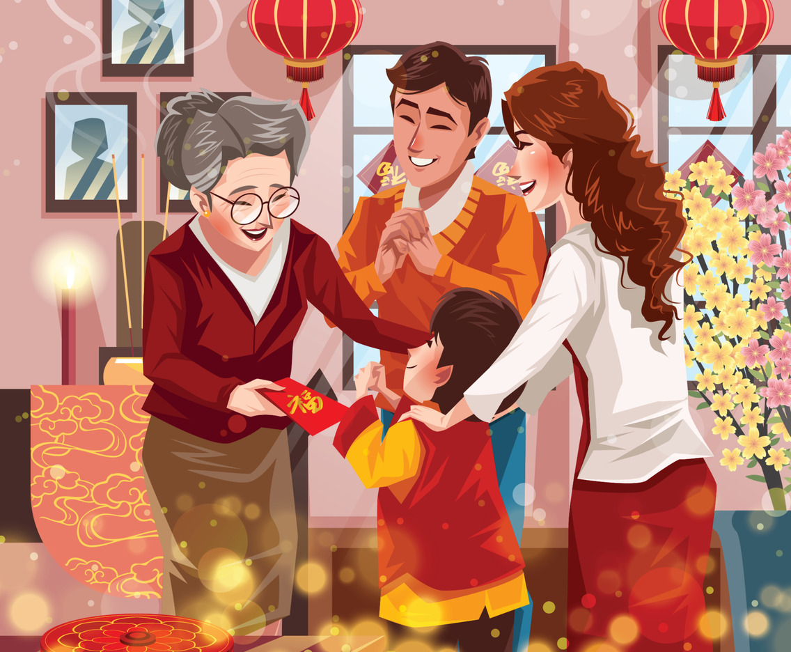 Happy Chinese New Year with Grandmother Giving Red Envelope Concept