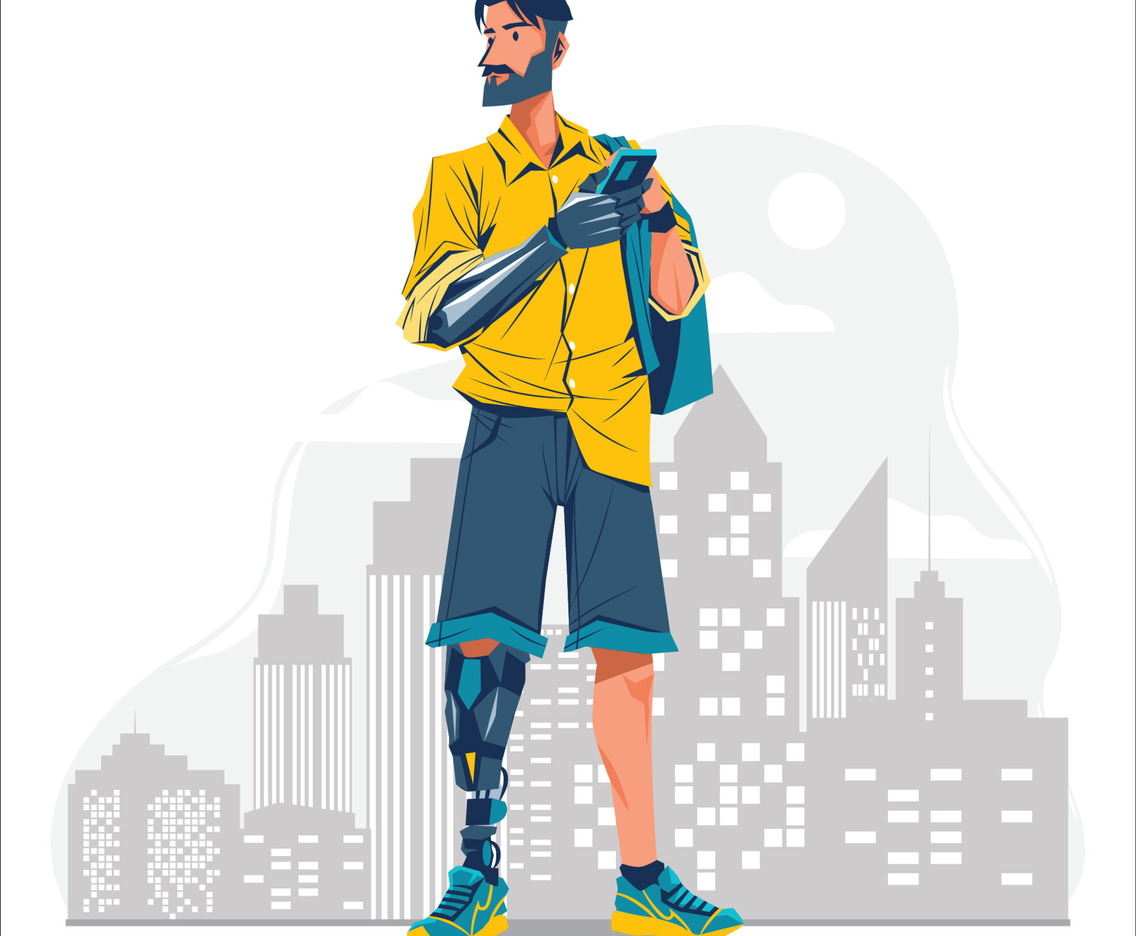 Disabled Man with Robotic Prosthetic Arm and Leg Concept