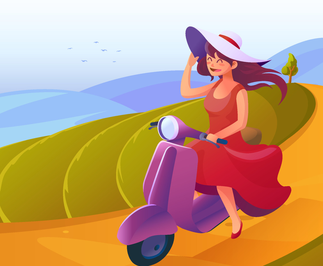 Young Woman Rides Scooter at Beautiful Landscape