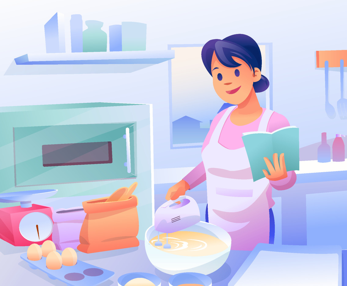 A Happy Woman Making Cake in the Kitchen