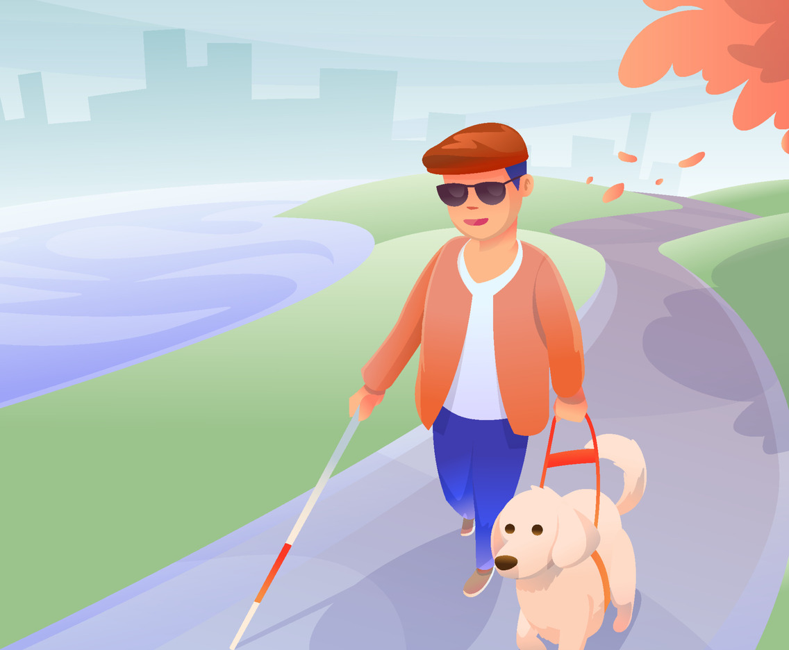 Blind Man Walking with Dog at City Park