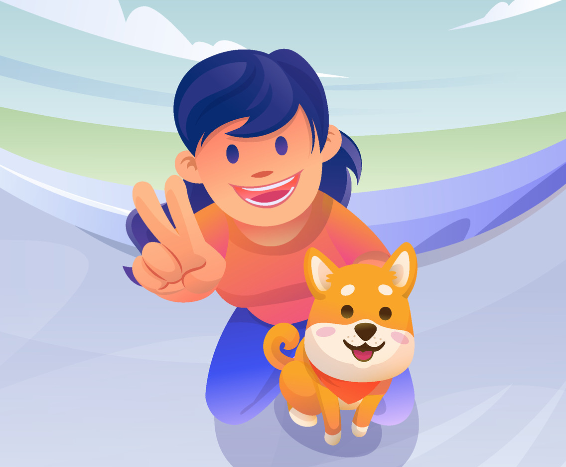 Cheerful Young Woman and Shiba Taking Picture at Street