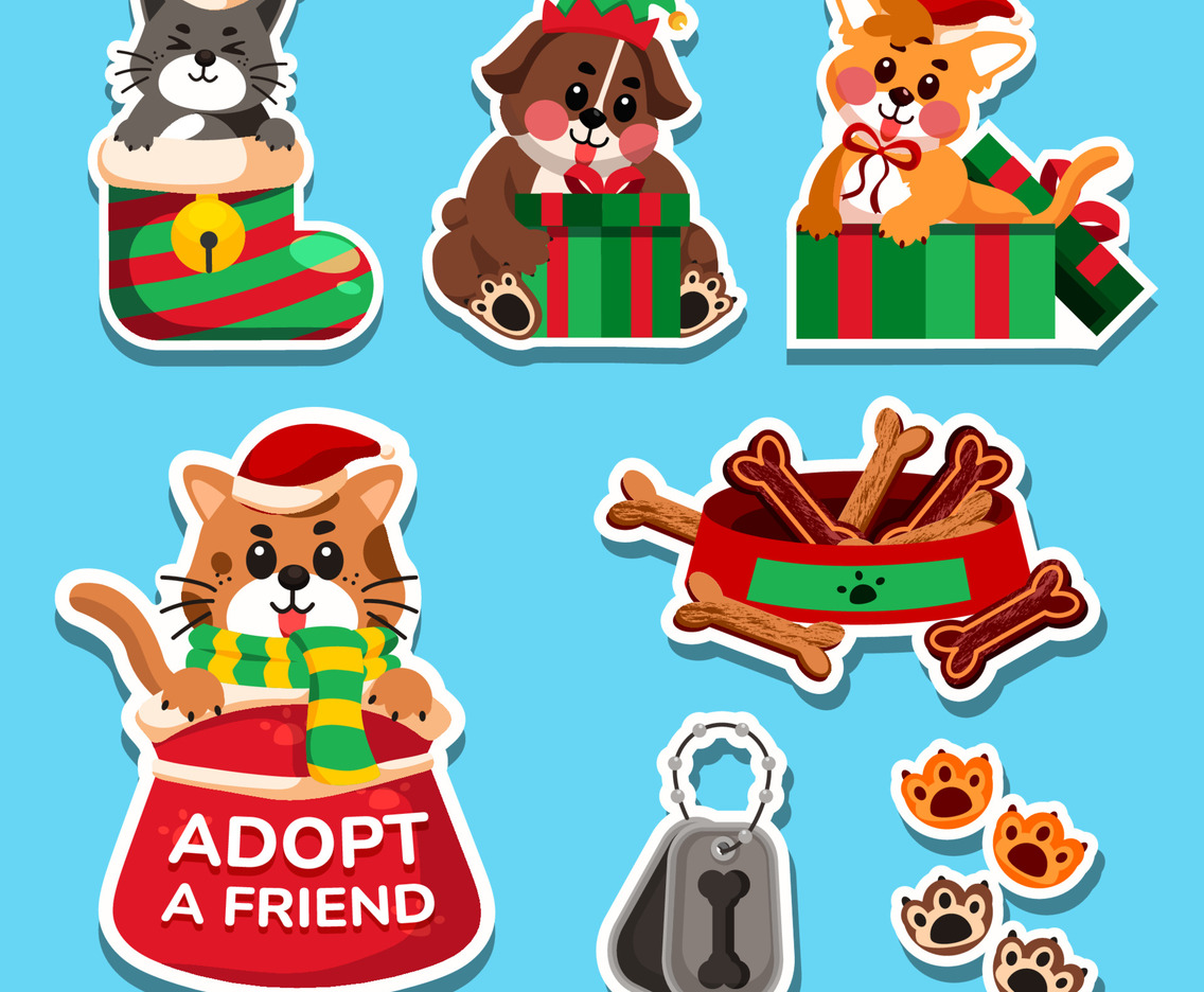 Santa Paws Celebration Sticker with Dog and Cat