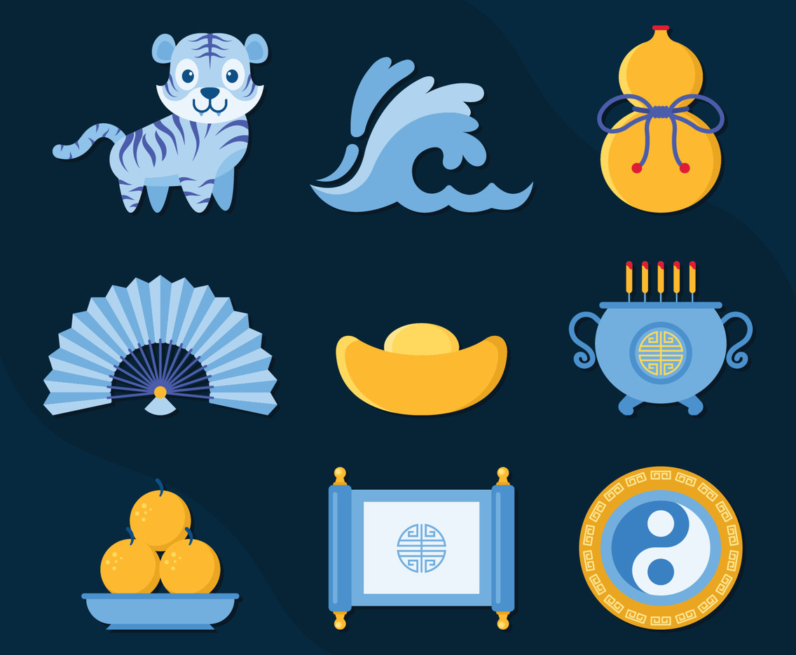 Set Of Year Tiger Water Celebration Icons