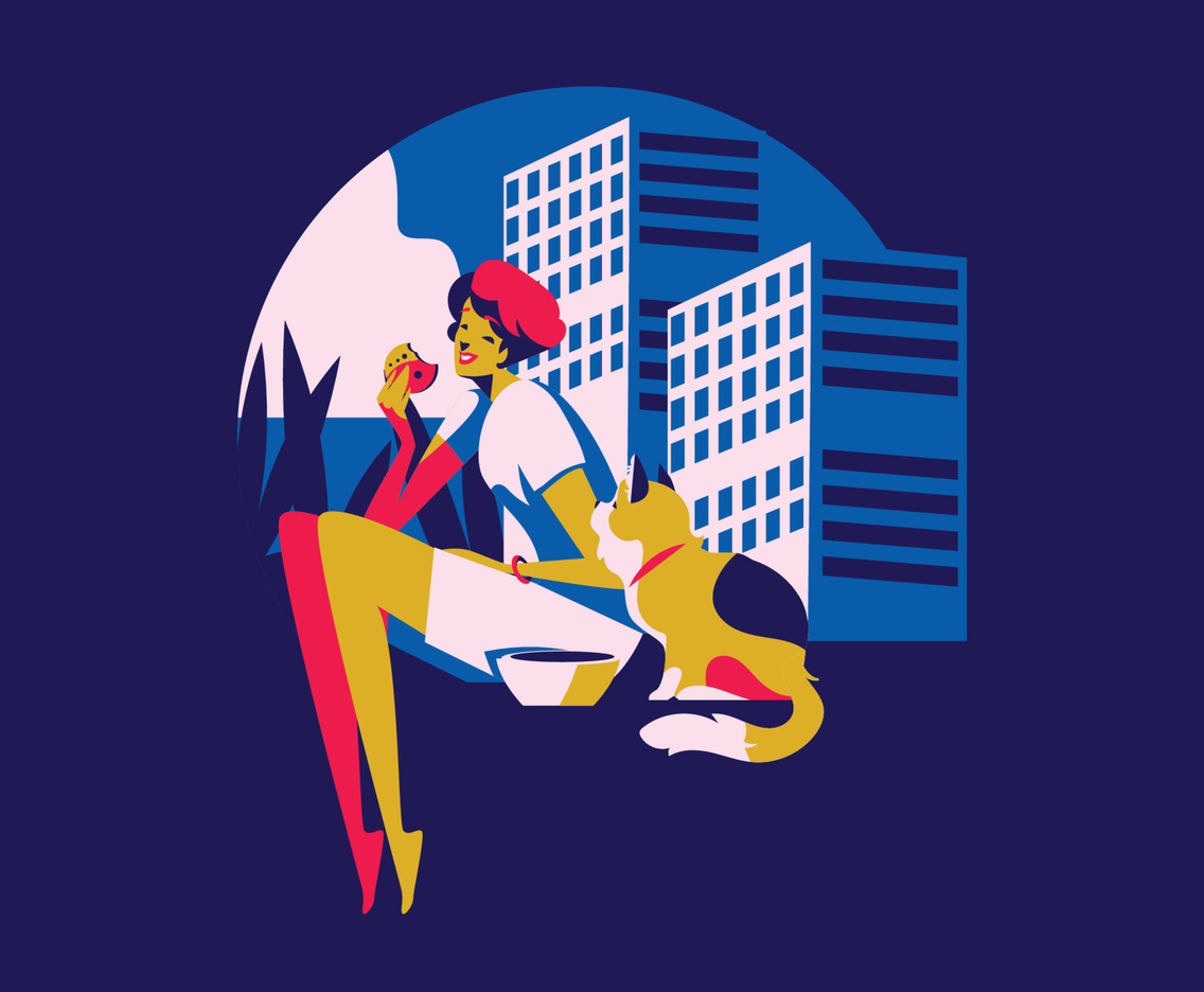 Girl Eating Biscuit With Her Cat