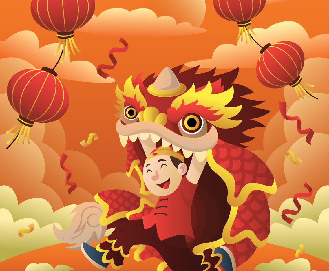 Kid Plays Lion Dance Celebrating Chinese New Year