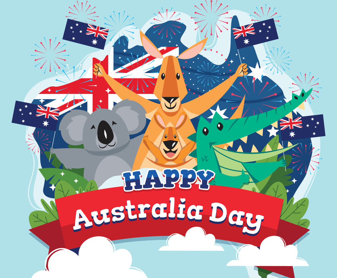 Happy Australia Day with Australian Animal Holding Flags
