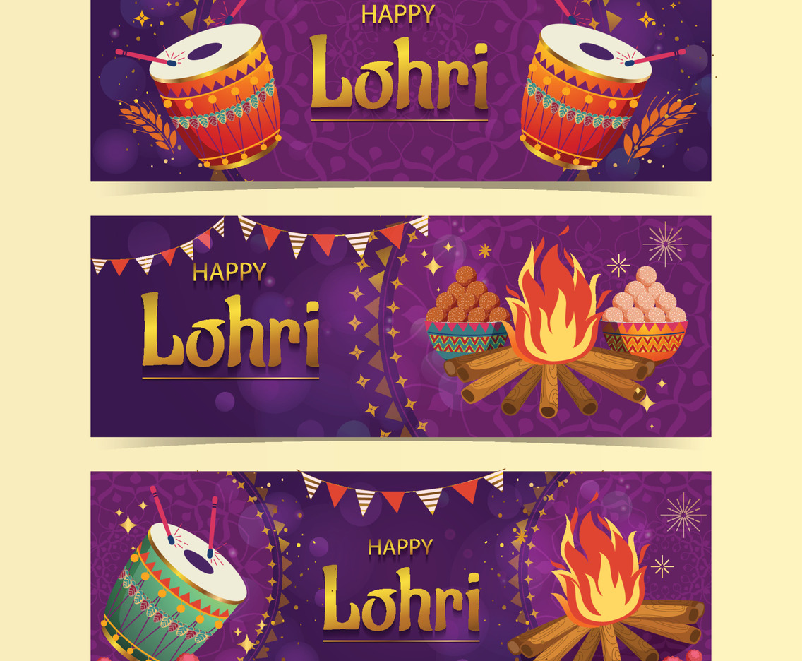 Happy Lohri Banner with Purple and Orange Color