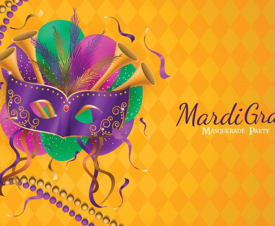 Mardi Gras Mask with Balloon Necklace and Clarinet Background